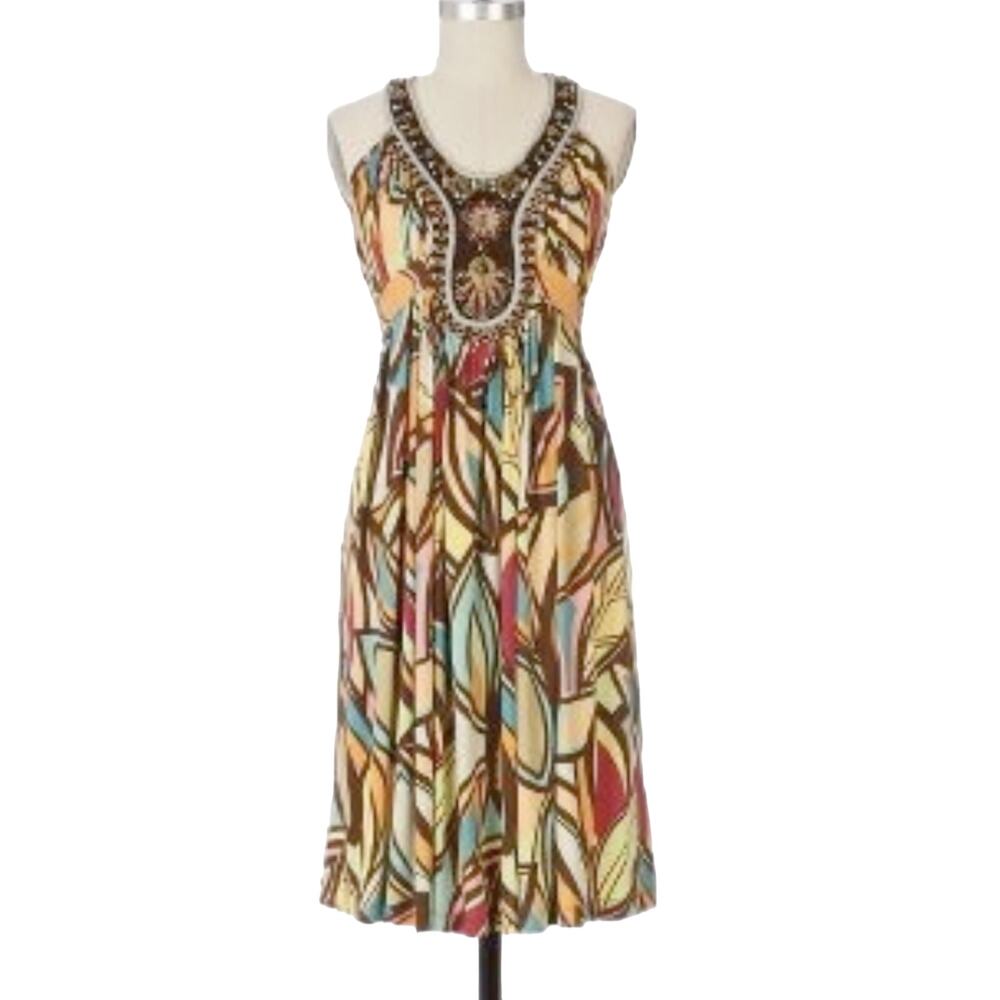 Anthropologie Ranna Gill Jersey Knit Mixed Print Racerback Embellished Dress S